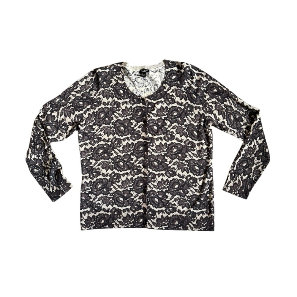 Talbots Womens Size XL Cream Black Lace Floral Cardigan Sweater Wool Blend